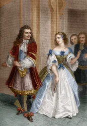 Charaktere aus Der Menschenfeind von Molière: Alceste, Celimene, Eliante, Philinte, Gravur von Delannoy, 1870